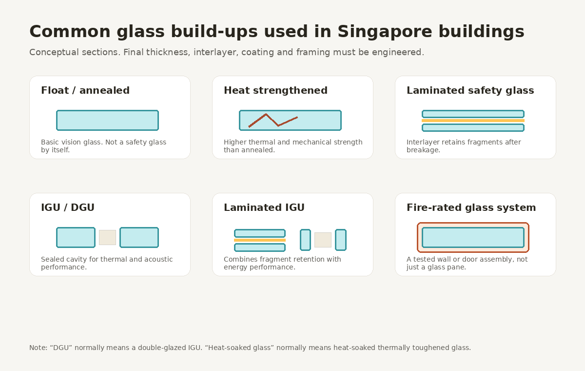 Build-up diagram showing typical glass stack configurations for residential and commercial Singapore projects.